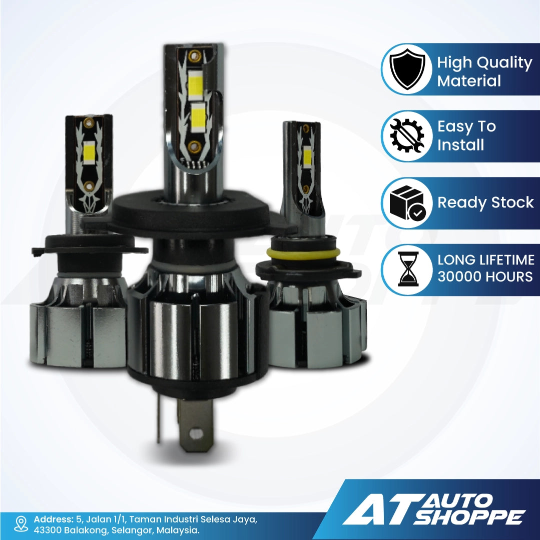 Car headlight bulb set with features and AT Auto Shoppe branding on a white background