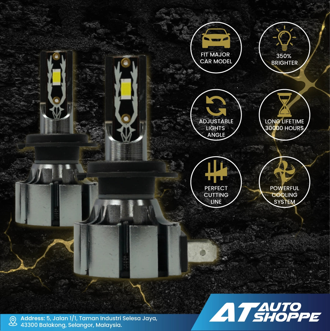Car headlights with features listed on a dark background, featuring the brand 'AT Auto Shoppe'.