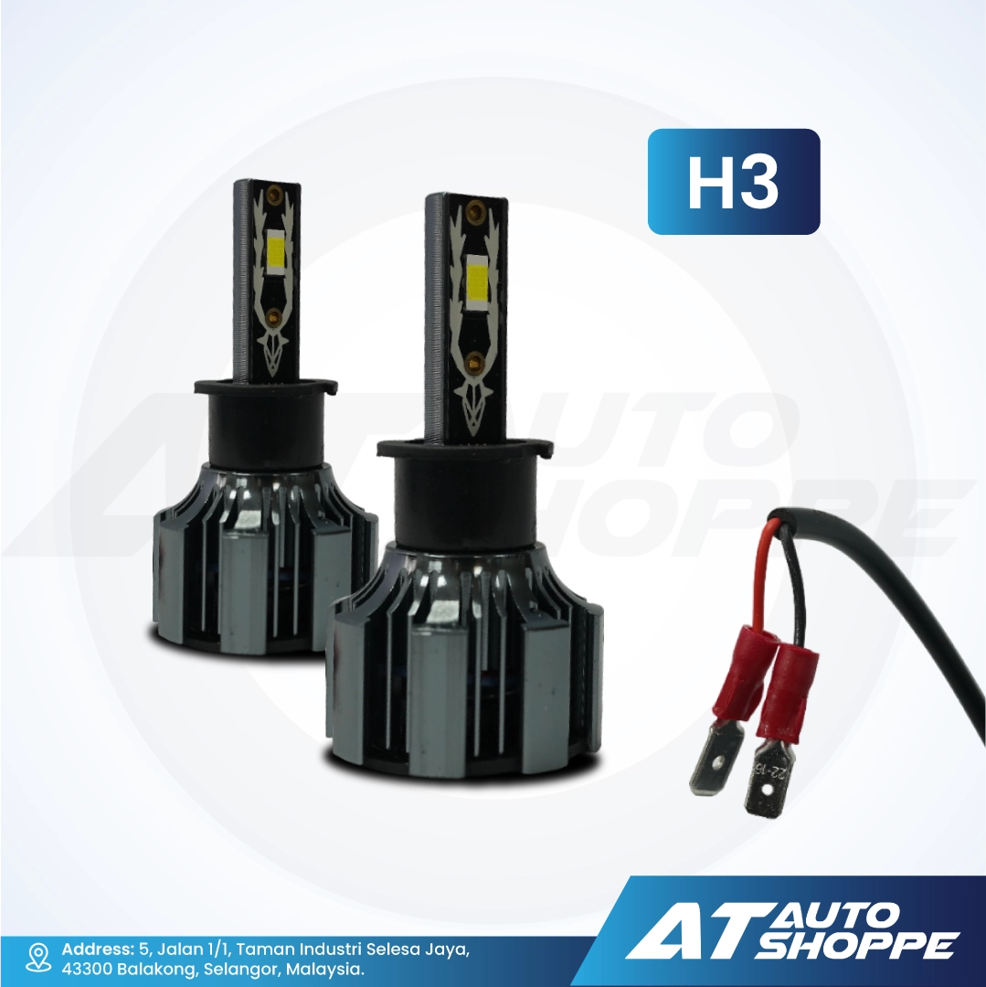 Two H3 LED car light bulbs with wiring on a white background, featuring AT Auto Shoppe branding.