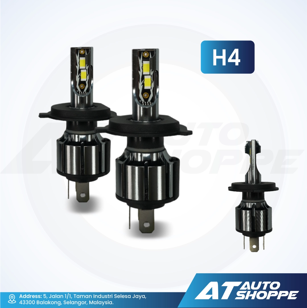 H4 car headlight bulbs with AT Auto Shoppe branding on a white background