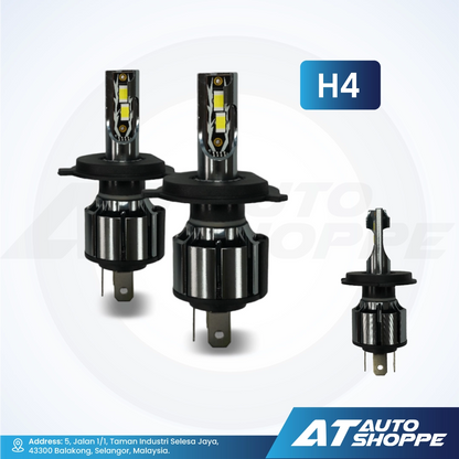 H4 car headlight bulbs with AT Auto Shoppe branding on a white background