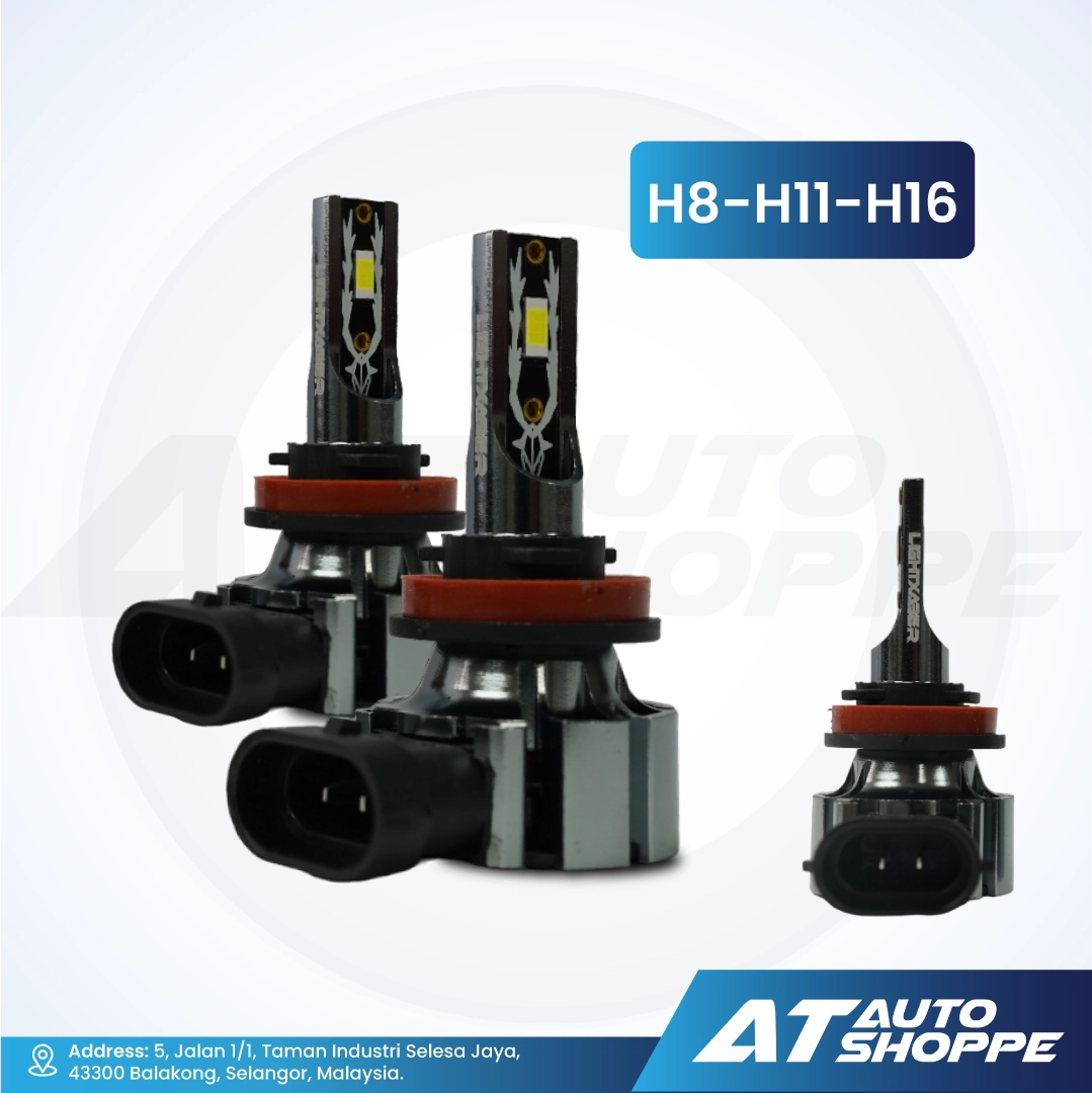 Car light bulbs with H8, H11, and H16 specifications on a white background, featuring AT Auto Shoppe branding.