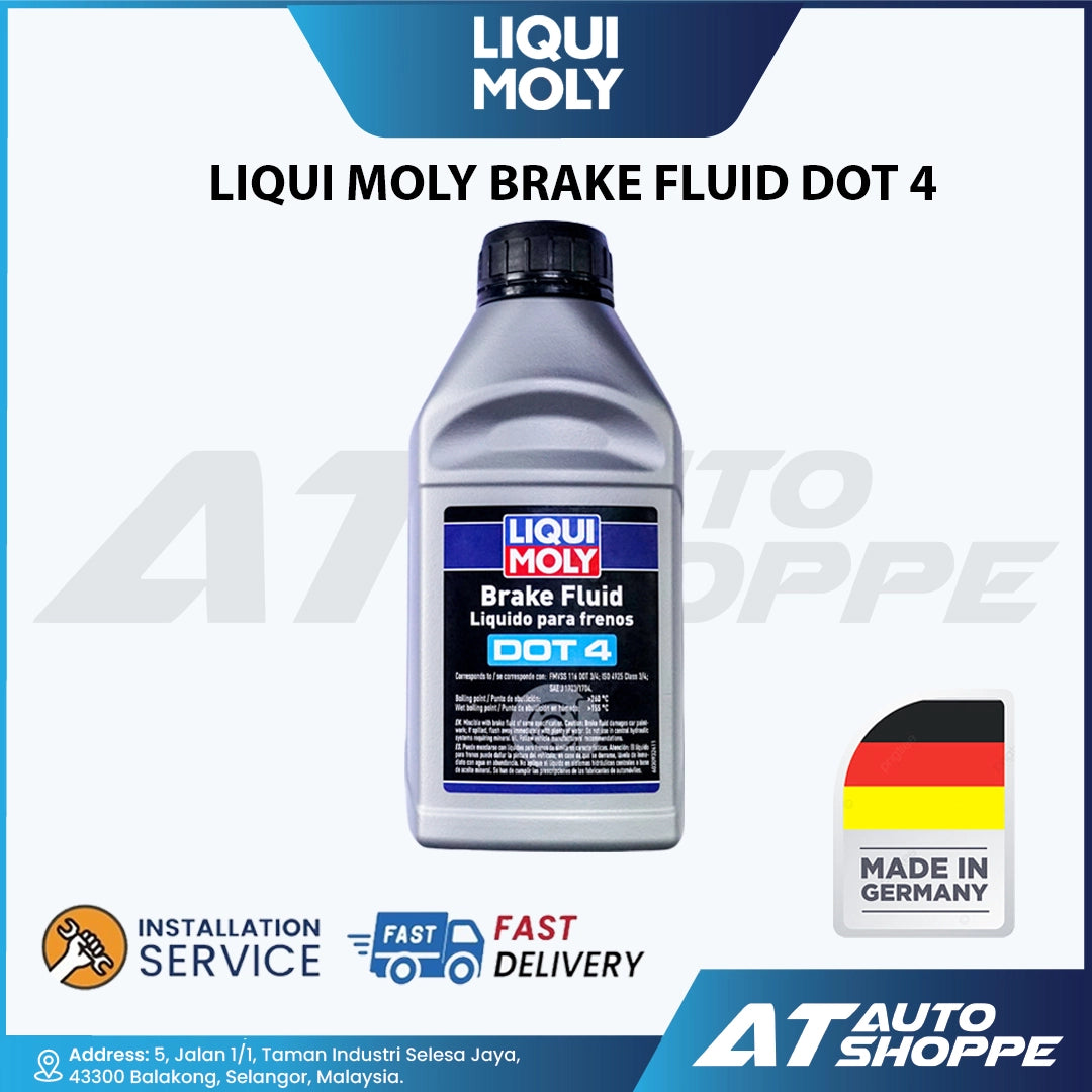 Liqui Moly brake fluid bottle with branding and product details on a white background