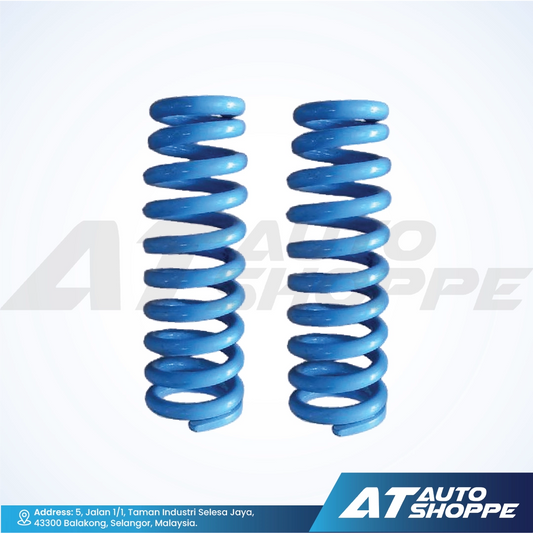 Two blue coil springs on a white background with AT Auto Shoppe branding.