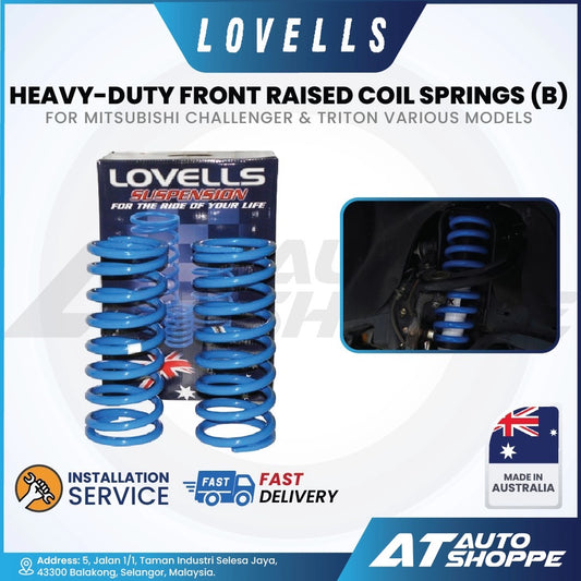 Lovells heavy-duty front raised coil springs for Mitsubishi vehicles with packaging and installation service details.