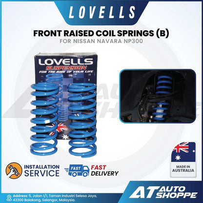 Lovells front raised coil springs for Nissan Navara NP300 with packaging and installation service details.
