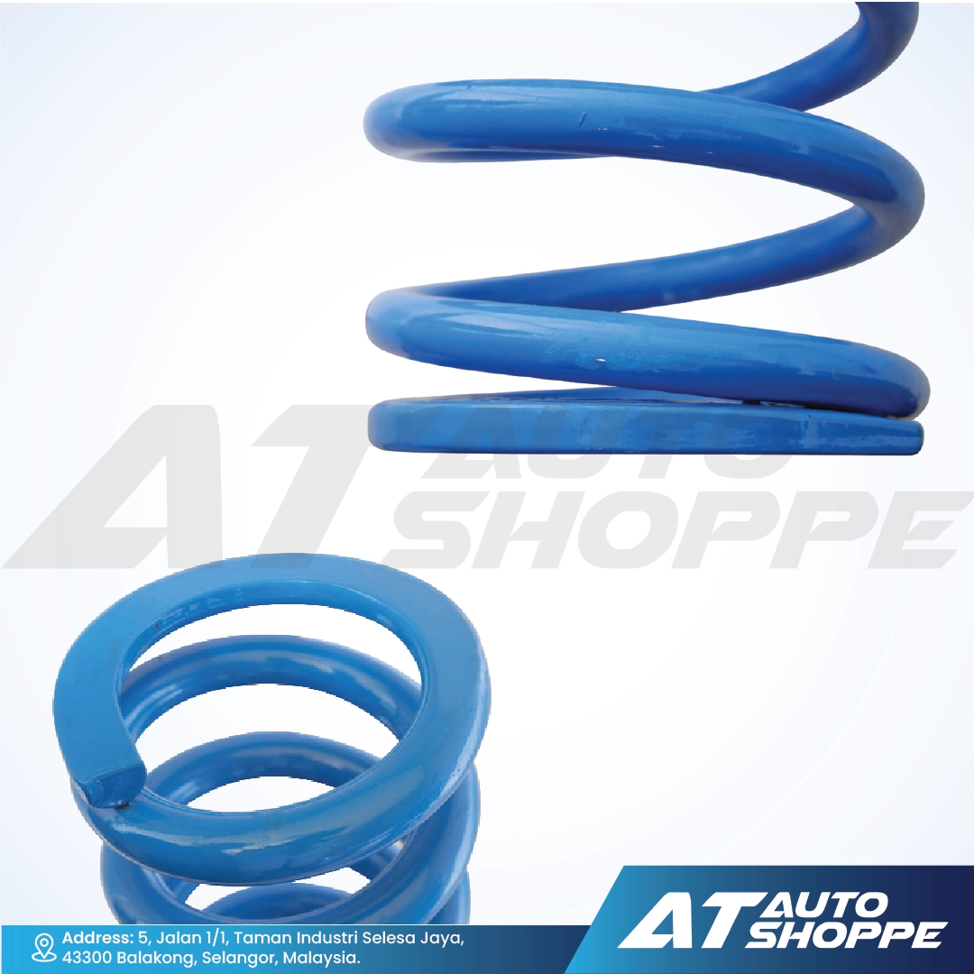 Blue coil spring on a white background with AT Auto Shoppe branding.