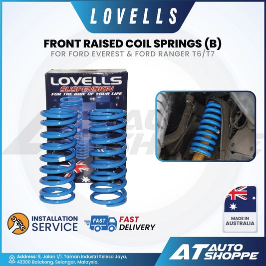 Lovells front raised coil springs packaging with branding and product details on a white background