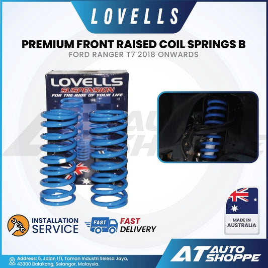 Lovells premium front raised coil springs for Ford Ranger T7 with packaging and installation service details.