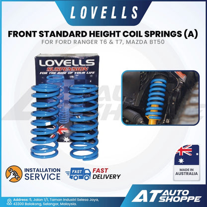 Lovells front standard height coil springs for Ford Ranger and Mazda BT50 with packaging and installation service details.