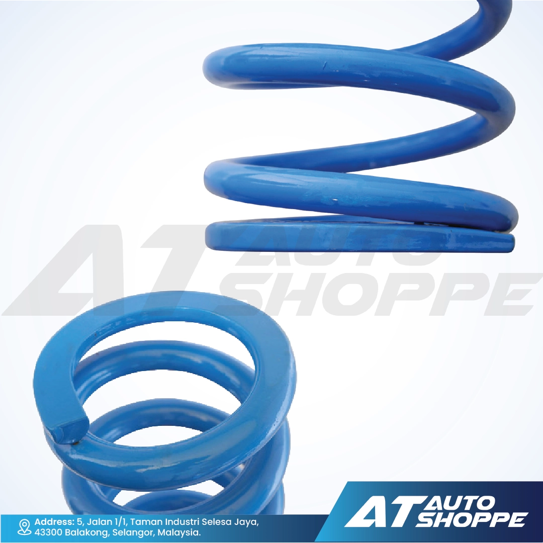 Blue coil spring on a white background with AT Auto Shoppe branding.