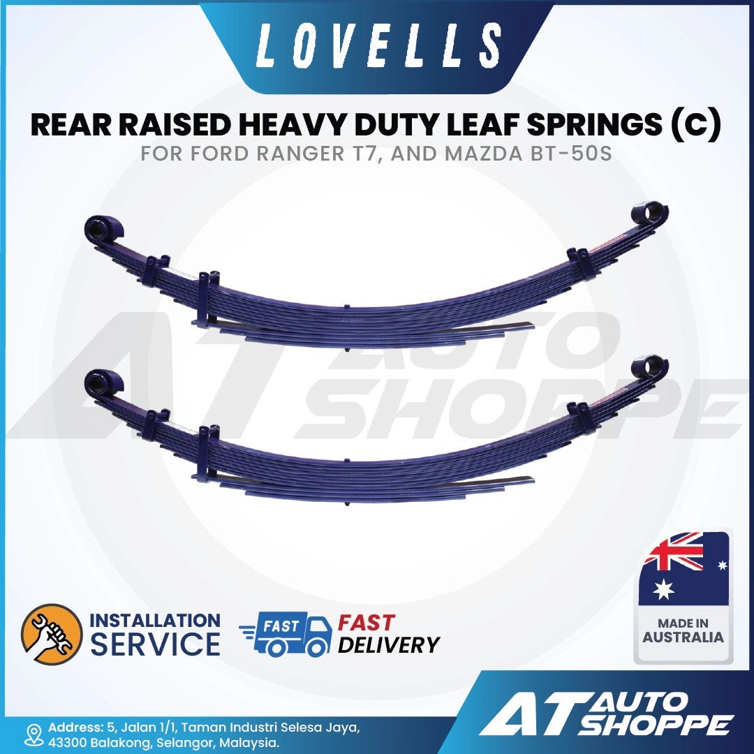 Two rear raised heavy duty leaf springs with Lovells branding on a white background