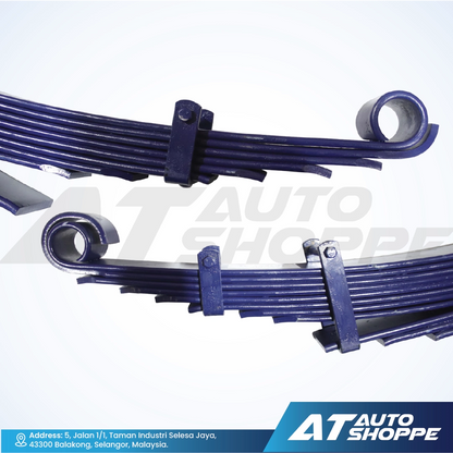 Blue metal leaf springs on a white background with AT Auto Shoppe branding.