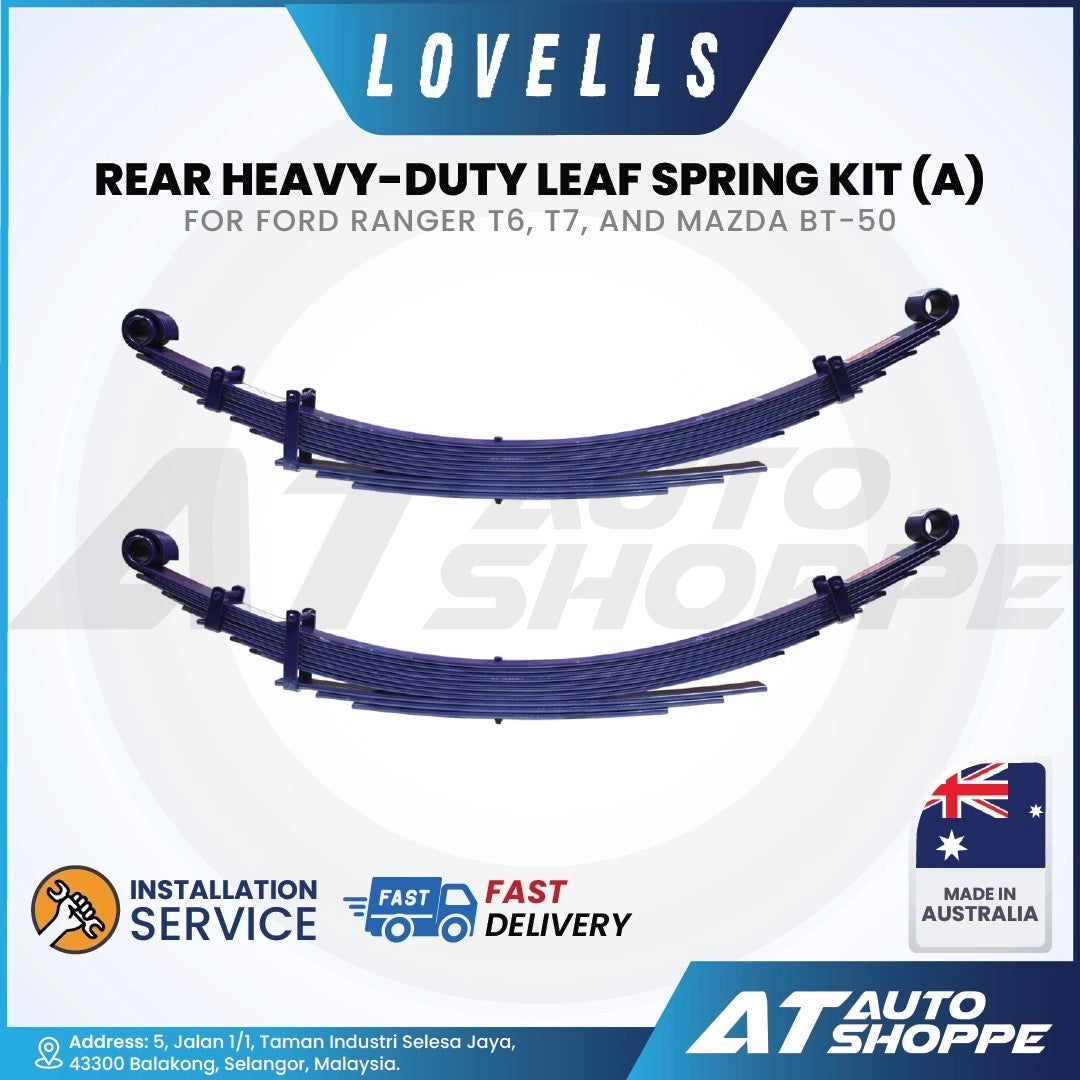 Lovells rear heavy-duty leaf spring kit for Ford Ranger and Mazda BT-50 on a white background with AT Auto Shoppe branding.