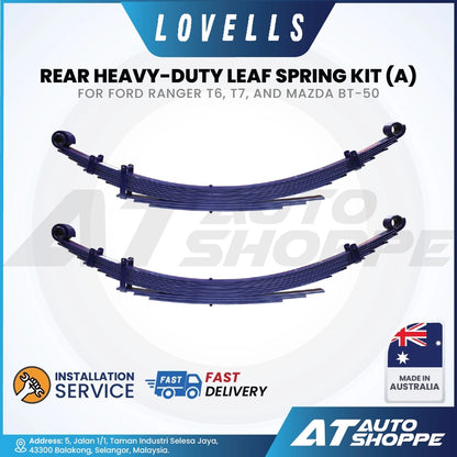 Lovells rear heavy-duty leaf spring kit for Ford Ranger and Mazda BT-50 on a white background with AT Auto Shoppe branding.