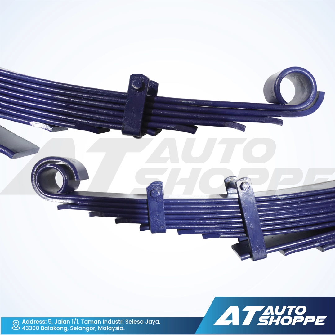 Blue Lovells metal leaf springs on a white background with AT Auto Shoppe branding.