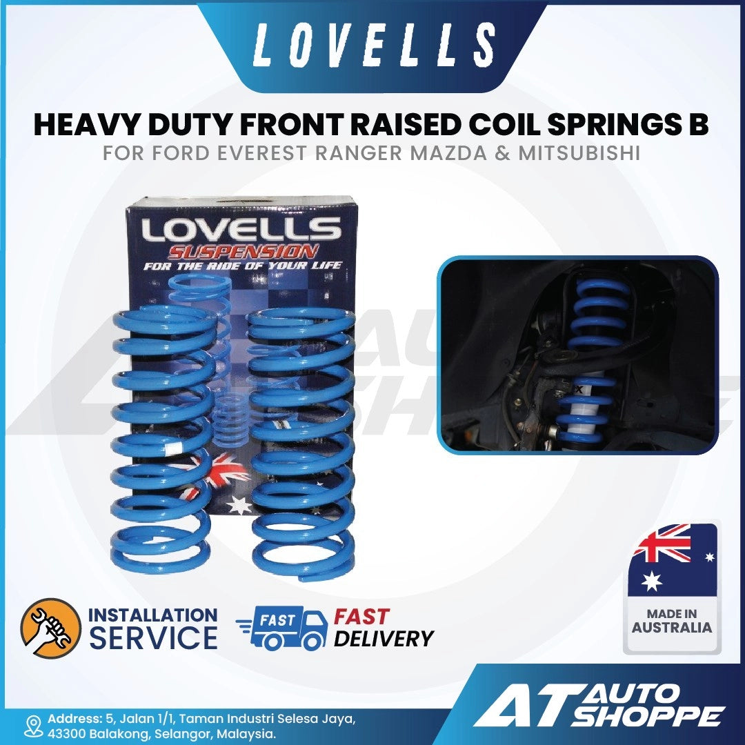 Lovells heavy-duty front raised coil springs for Ford Everest, Ranger, Mazda, and Mitsubishi with packaging and installation service details.