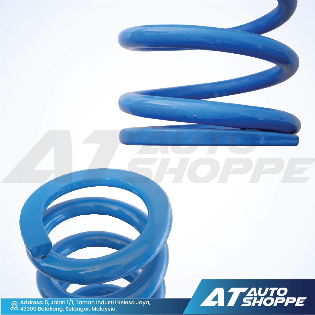 Blue coil spring on a white background with AT Auto Shoppe branding.