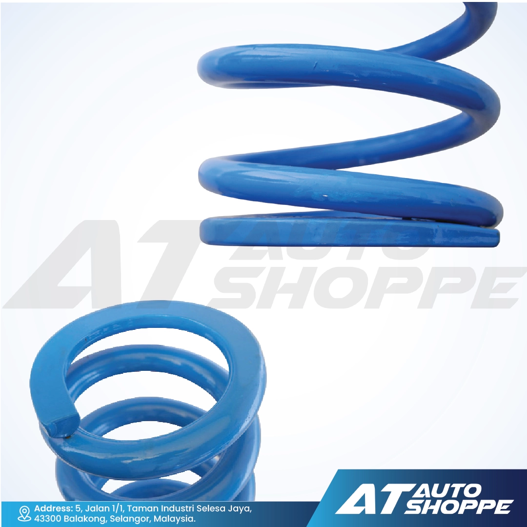 Blue coil Lovells spring on a white background with AT Auto Shoppe branding.