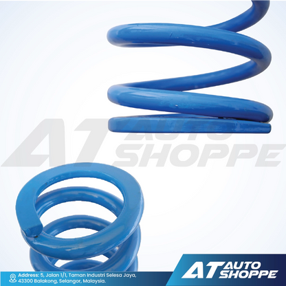 Blue Lovells coil spring on a white background with AT Auto Shoppe branding.