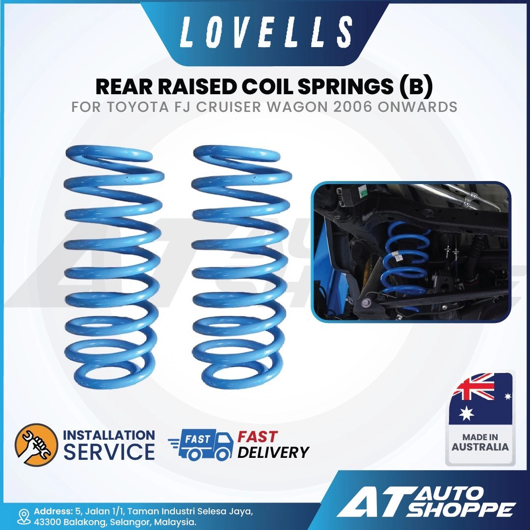 Lovells blue coil springs for Toyota FJ Cruiser Wagon with Lovells branding and product details.