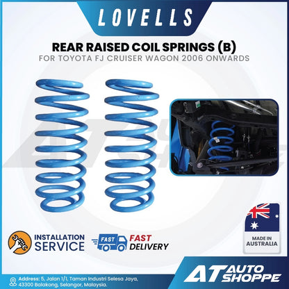 Lovells blue coil springs for Toyota FJ Cruiser Wagon with Lovells branding and product details.