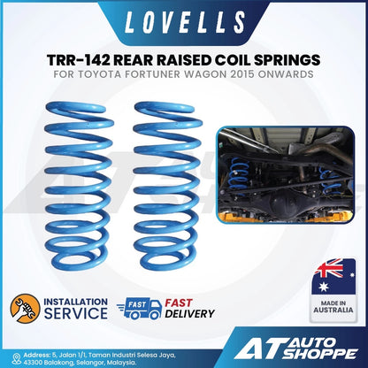 Lovells TRR-142 rear raised coil springs for Toyota Fortuner Wagon 2015 onwards with installation service and fast delivery on a white background.