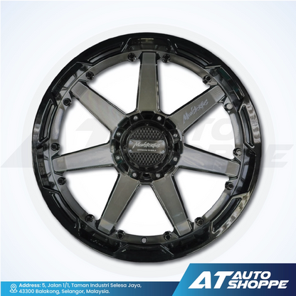 Monsterims wheel rim with black and silver finish on a white background, featuring AT Auto Shoppe branding.