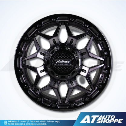 Monsterims wheel with star design on a white background, featuring AT Auto Shoppe branding.