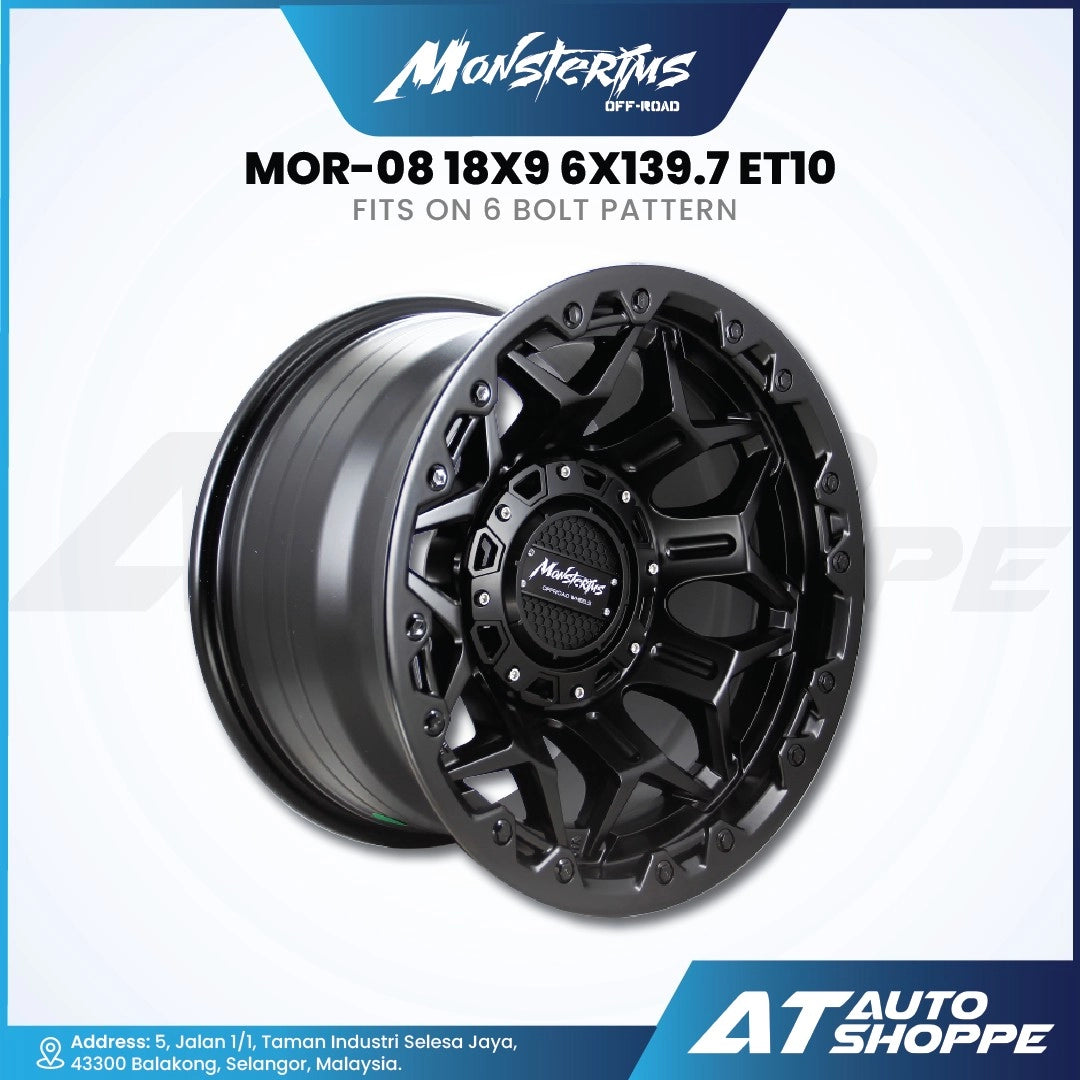 Monsterims off-road wheel with specifications on a white background, featuring Monsterous branding.