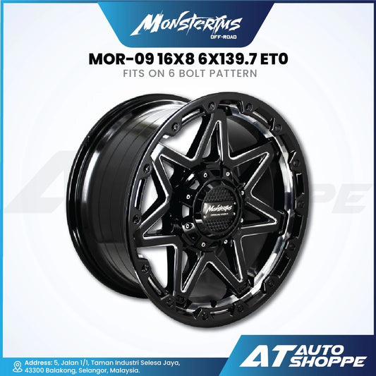 Monsterims wheel with specifications on a white background, featuring AT Auto Shoppe branding.