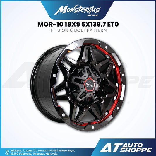 Monsterims off-road wheel with red accents on a white background, featuring AT Auto Shoppe branding.
