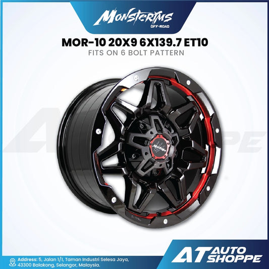 Monsterims wheel with specifications on a white background, featuring AT Auto Shoppe branding.