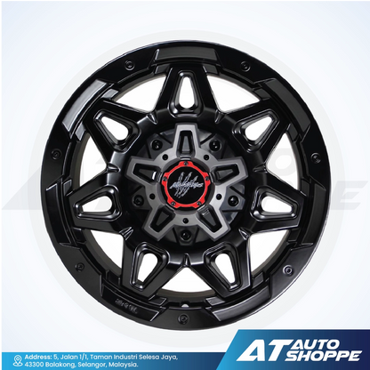 Monsterims wheel with red center cap on a white background, featuring AT Auto Shoppe branding.