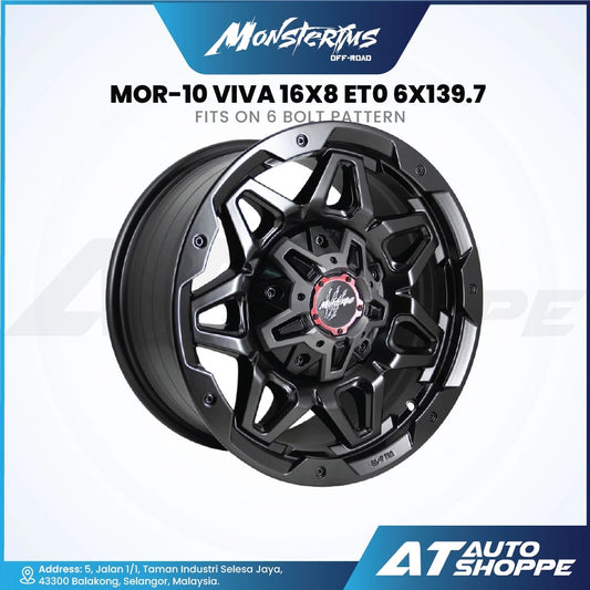 Monsterims wheel with red accents on a white background, featuring AT Auto Shoppe branding.