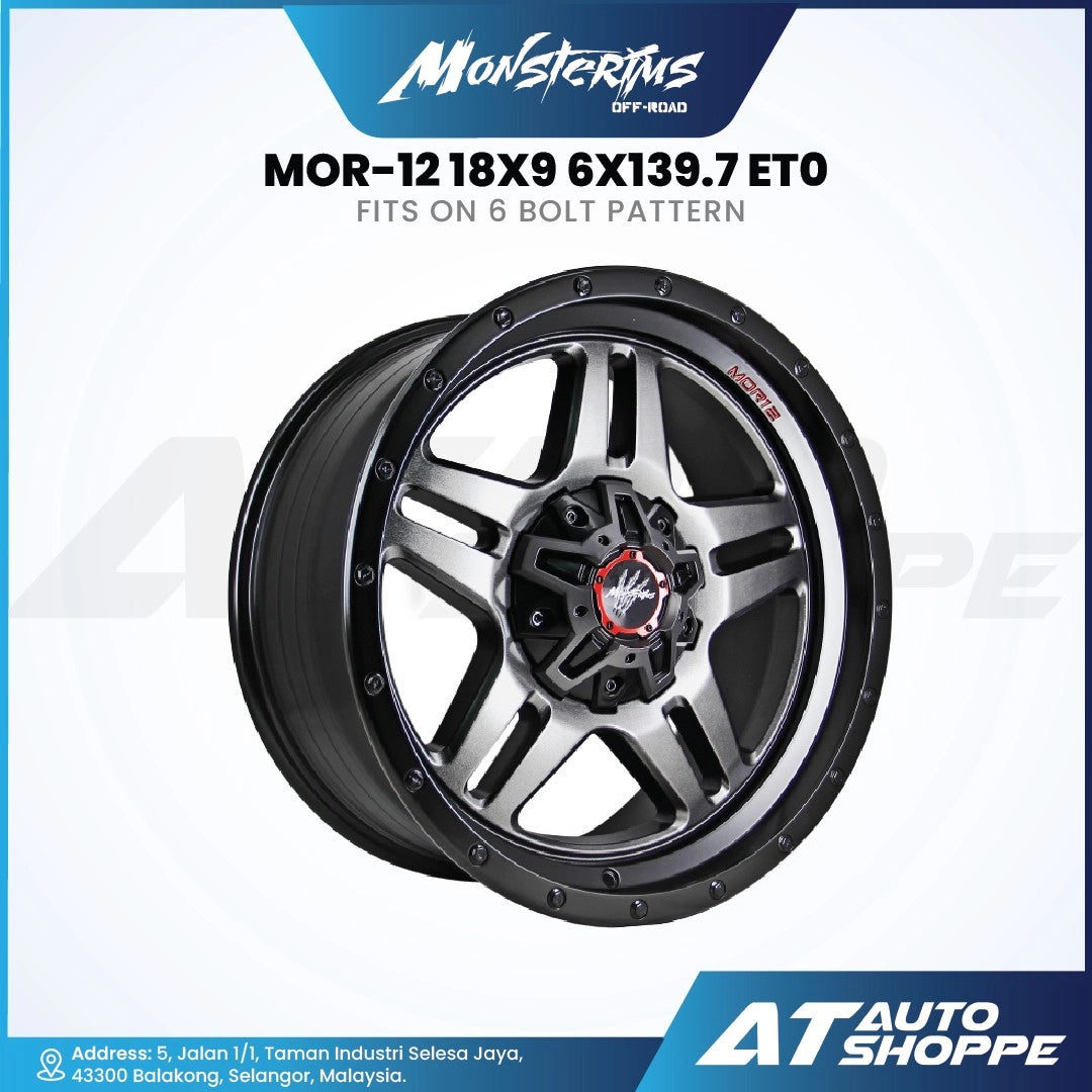 Monsterims wheel with specifications on a white background, featuring MonsterMus branding.