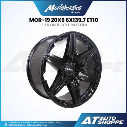 Monsterims wheel with specifications on a white background, featuring AT Auto Shoppe branding.