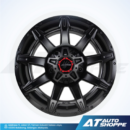 Monsterims wheel with red center on a white background, featuring the AT Auto Shoppe logo.