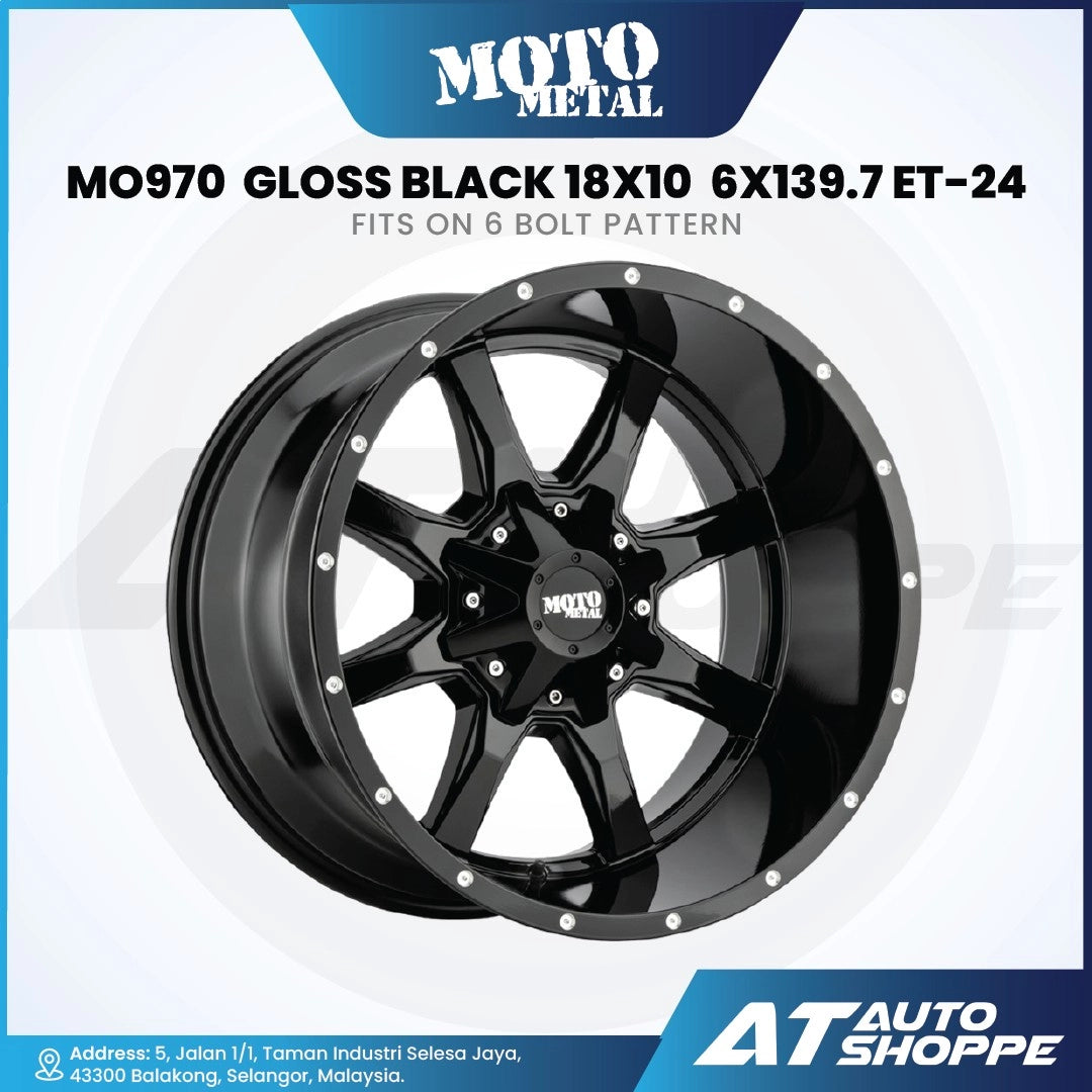 Moto Metal MO970 gloss black alloy wheel on a white background with branding and product details.