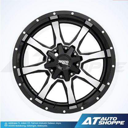 Black and silver alloy wheel with 'Moto Metal' branding on a white background, featuring AT Auto Shoppe logo.