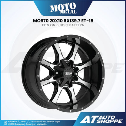 Black alloy wheel with specifications on a white background, featuring Moto Metal branding.