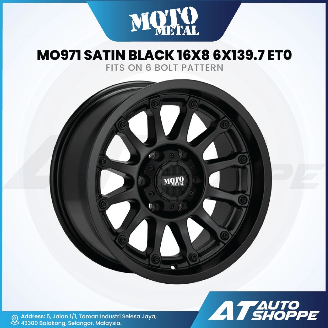 Black wheel rim with 'Moto Metal' branding on a white background