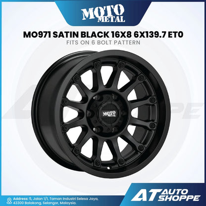 Black wheel rim with 'Moto Metal' branding on a white background