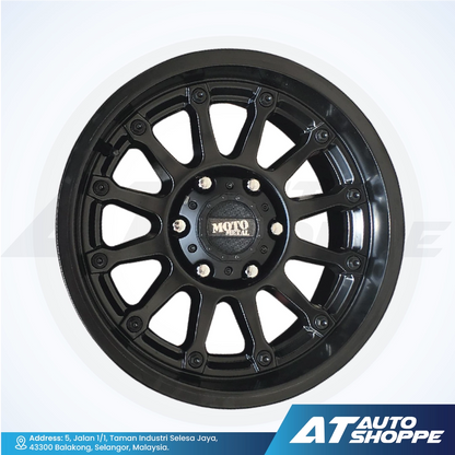 Black alloy wheel with 'Moto Metal' logo on a white background, featuring AT Auto Shoppe branding.