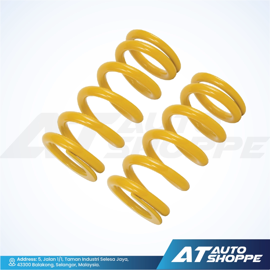 Ohlins yellow coil springs on a white background with AT Auto Shoppe branding.