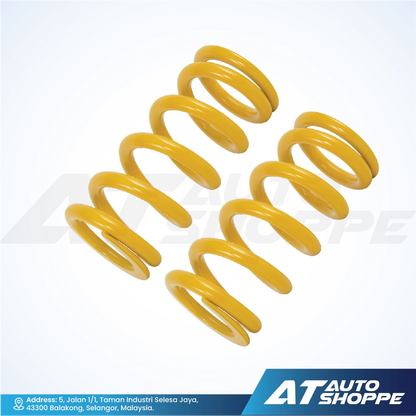 Ohlins yellow springs on a white background with AT Auto Shoppe branding.