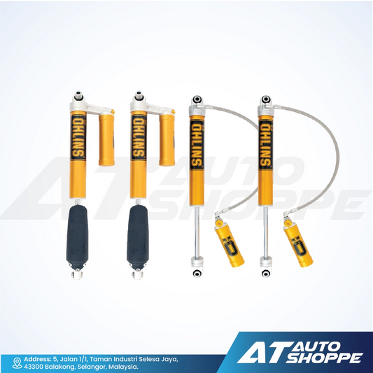 Set of Ohlins shock absorbers on a white background with AT Auto Shoppe branding.