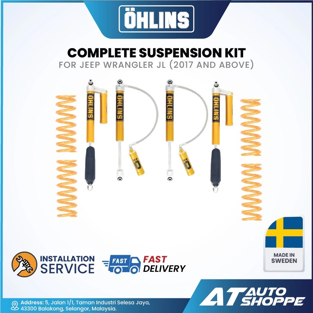 Öhlins suspension kit for Jeep Wrangler JL with branding and product details on a white background.