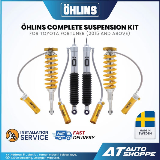 Öhlins complete suspension kit for Toyota Fortuner with branding and product details.