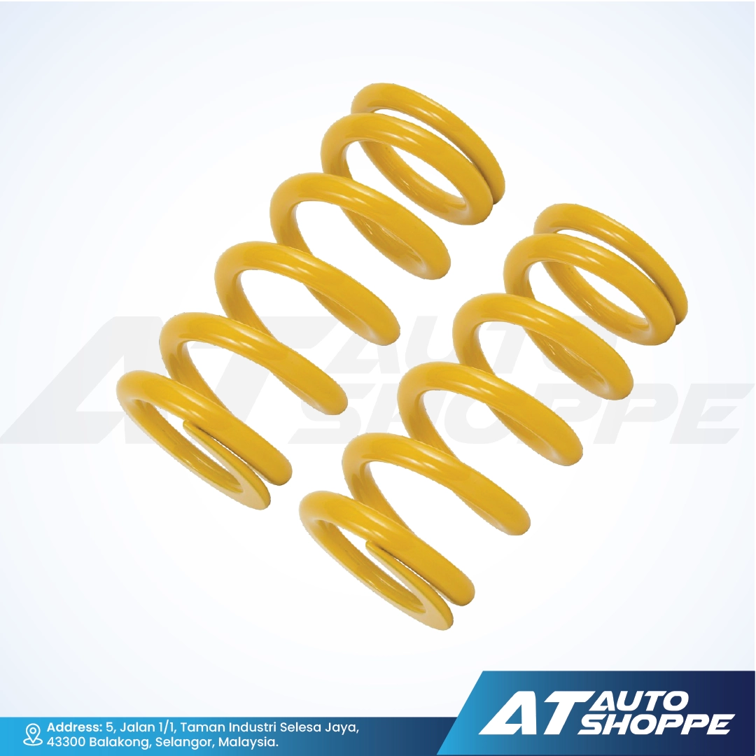 Ohlins yellow springs on a white background with AT Auto Shoppe branding.